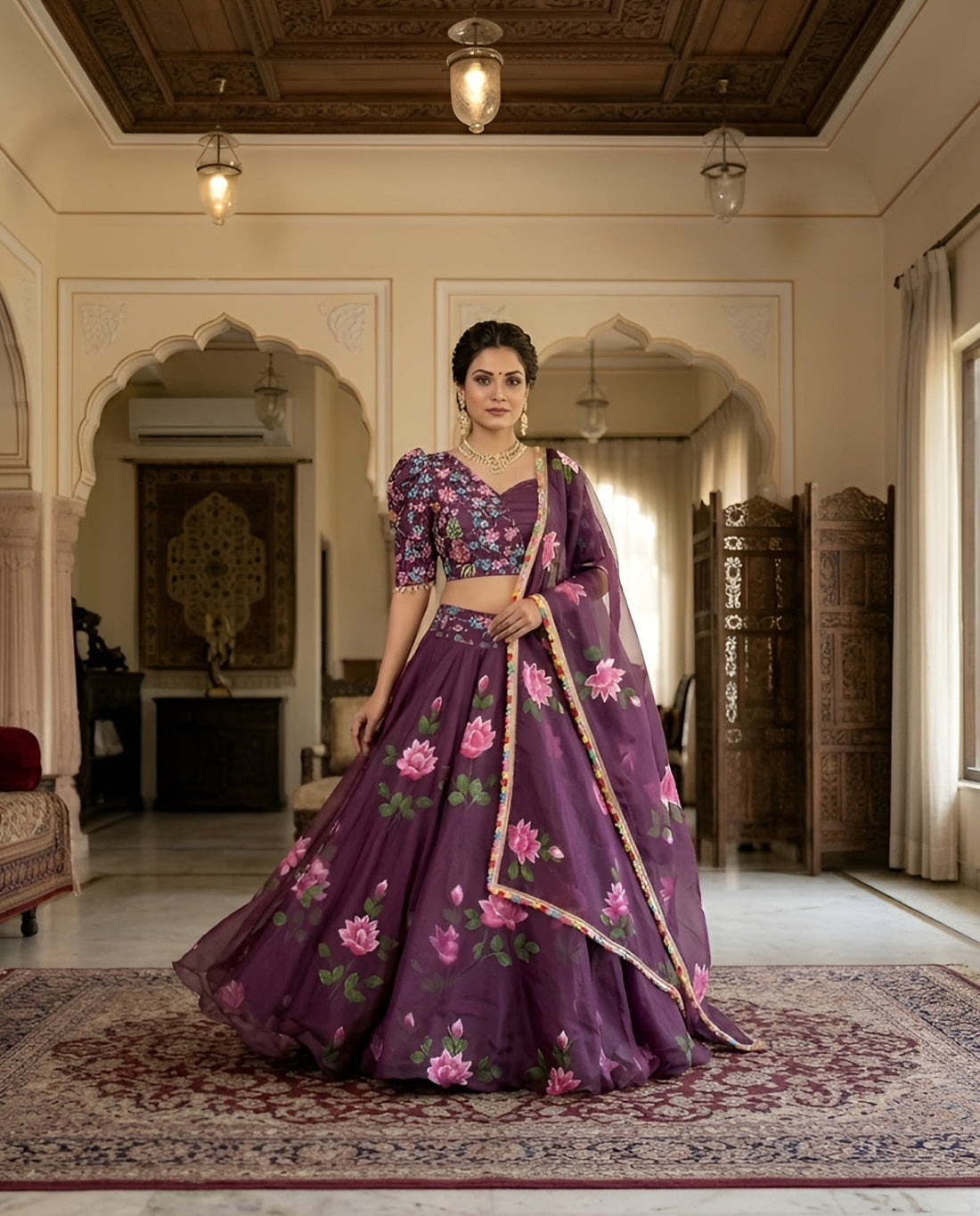 Woman in a purple embroidered traditional outfit standing in an ornate room.