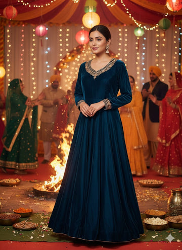 Peacock Blue Velvet Anarkali