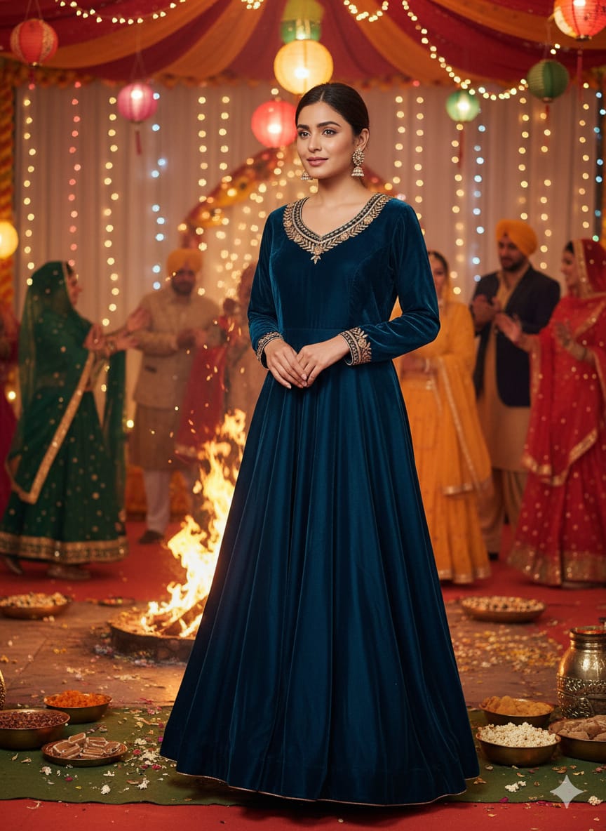 Peacock Blue Velvet Anarkali