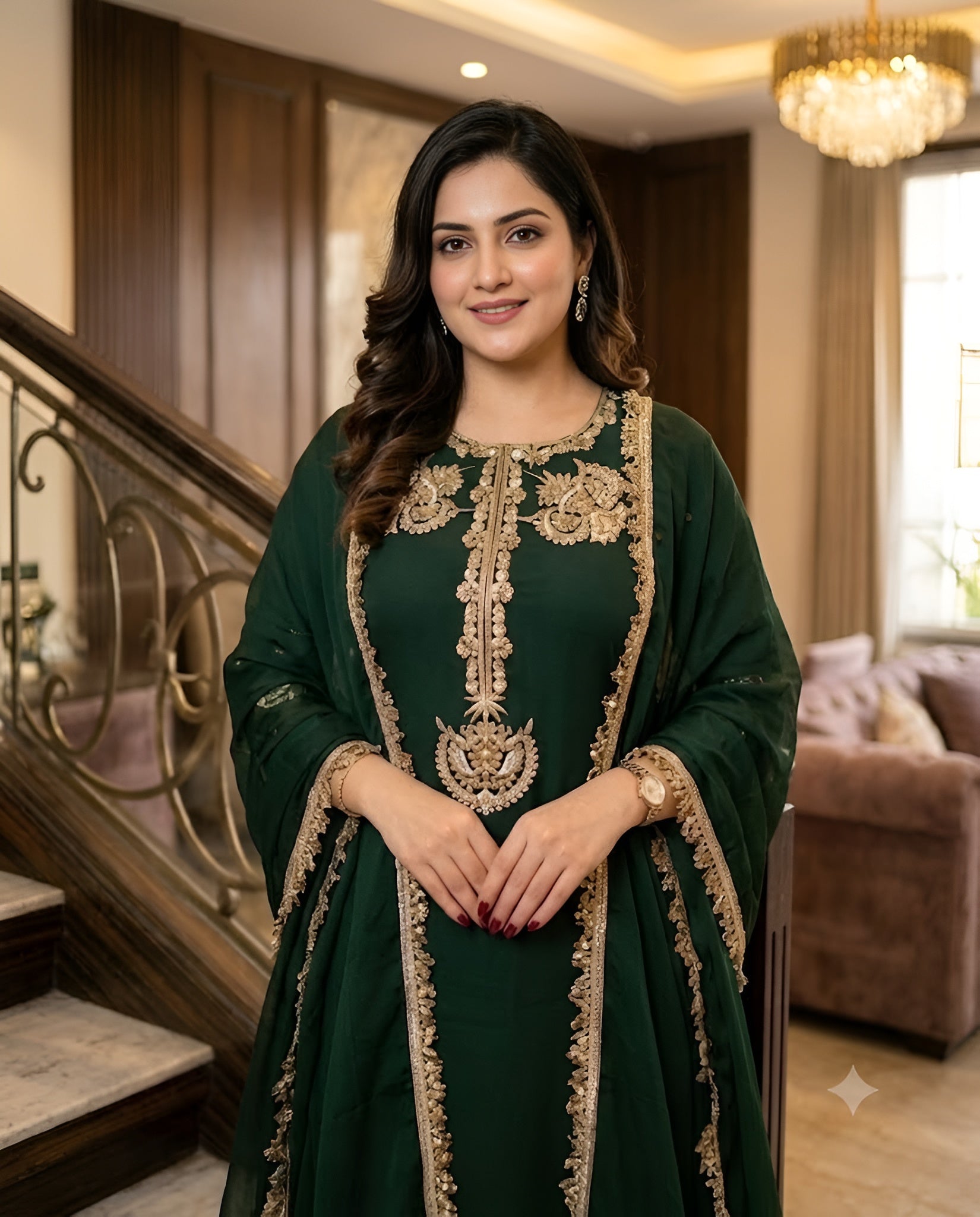 A woman wearing a dark green traditional embroidered dress with ornate gold detailing, standing in an elegant indoor setting with a staircase and chandelier visible.