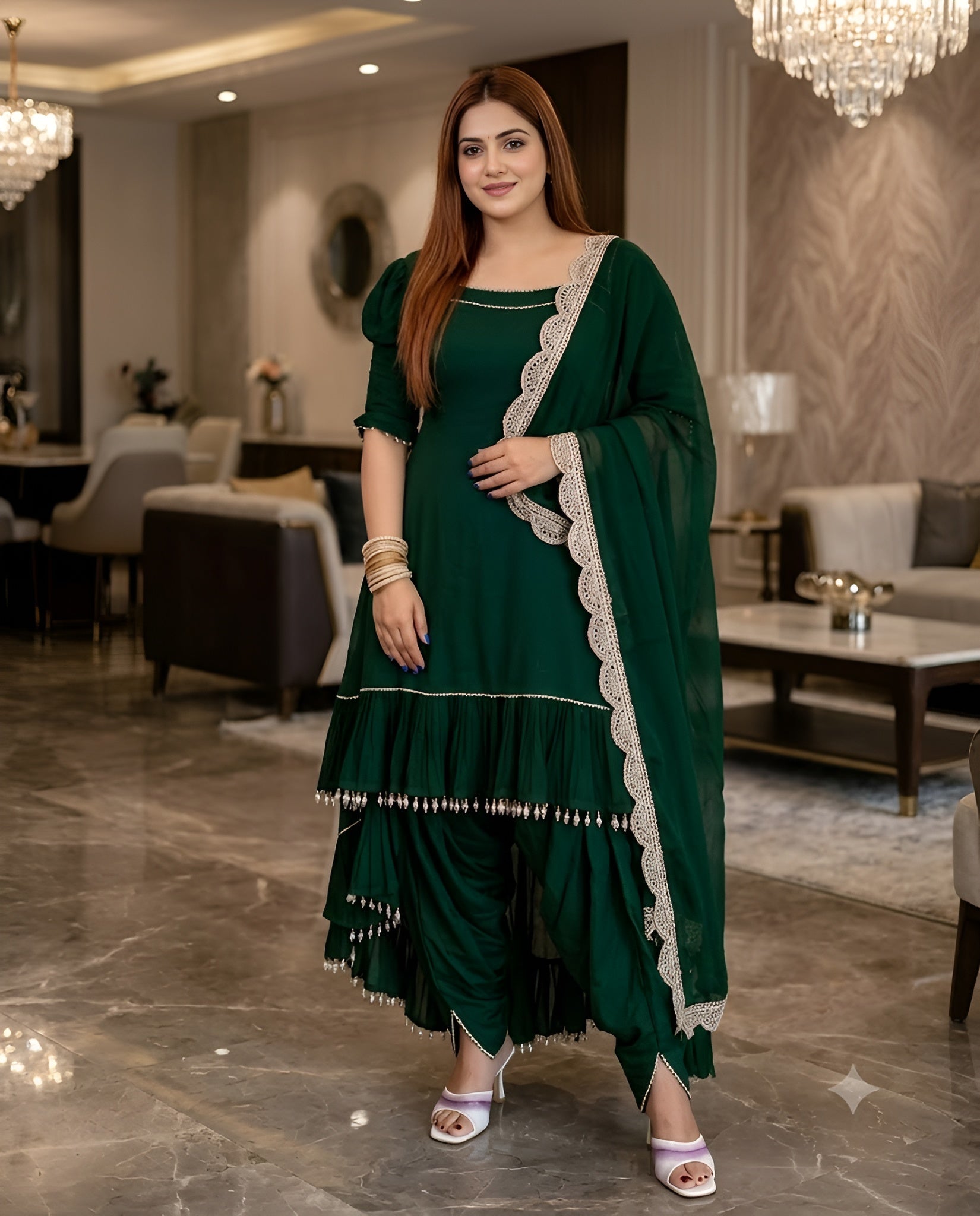 Teal Green One-Shoulder Dhoti Set