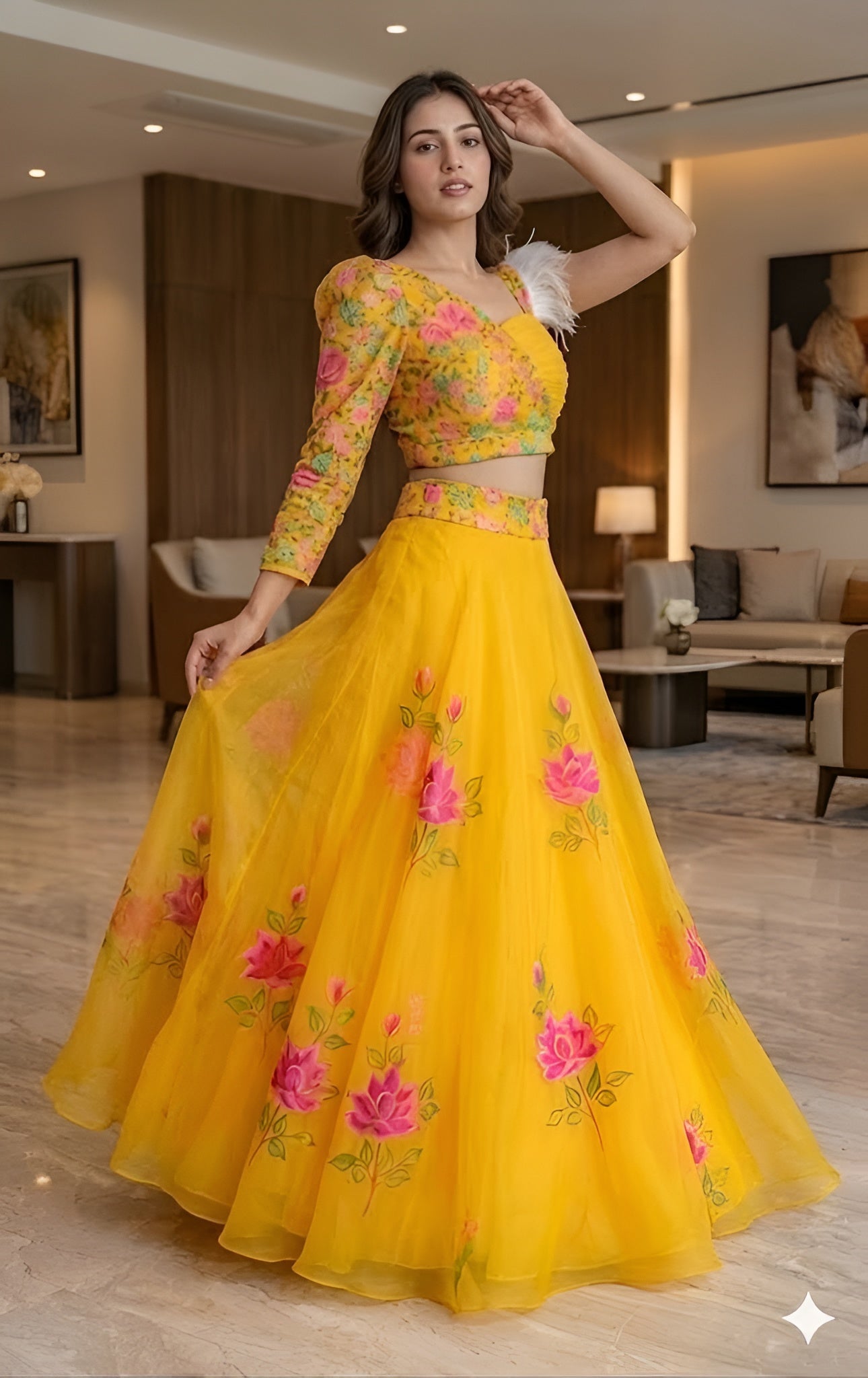 Yellow Hand Painted Organza Lehenga