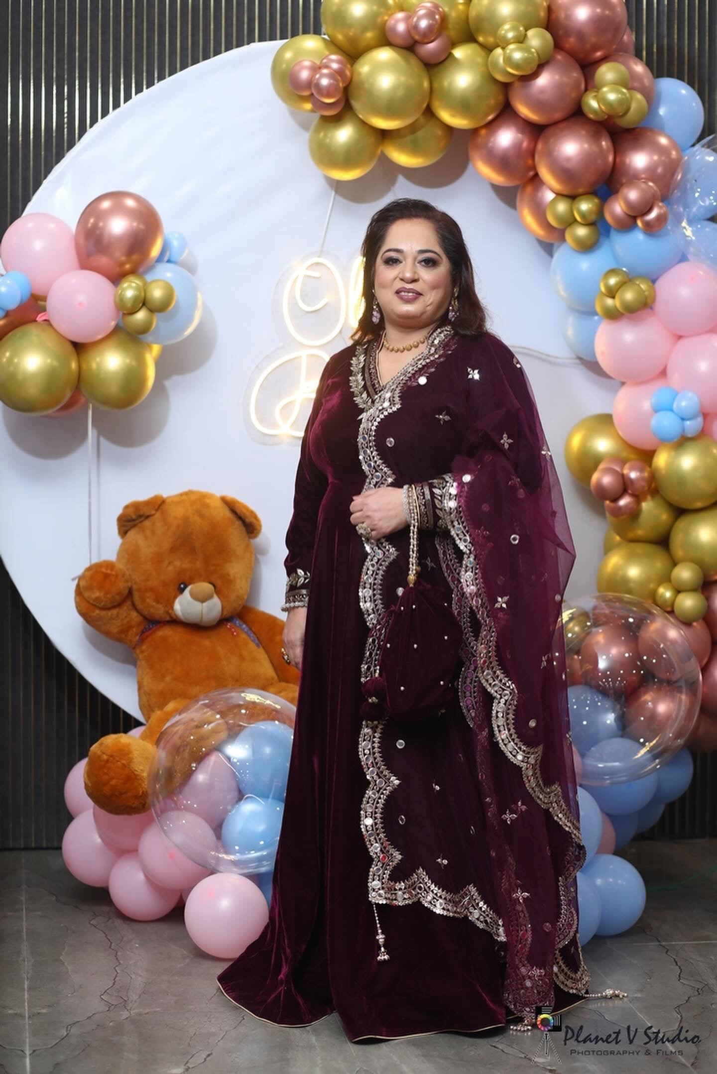 Wine Embroidered Velvet Anarkali with Potli