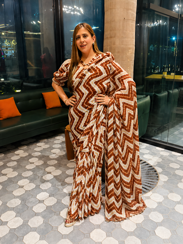 Cream & Brown Chevron Pre-Draped Saree