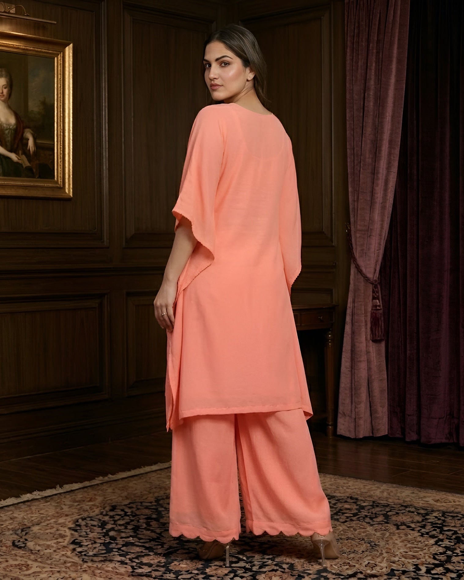 Peach Embroidered Kaftaan Set
