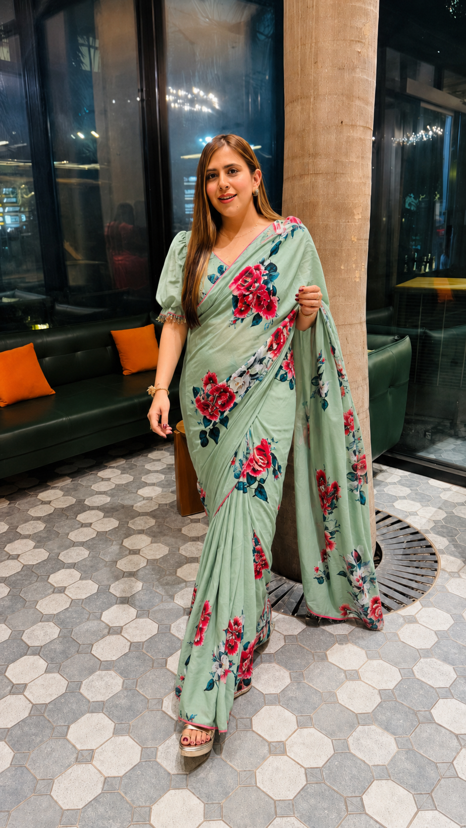 Green Floral Pre-Draped Frill Saree