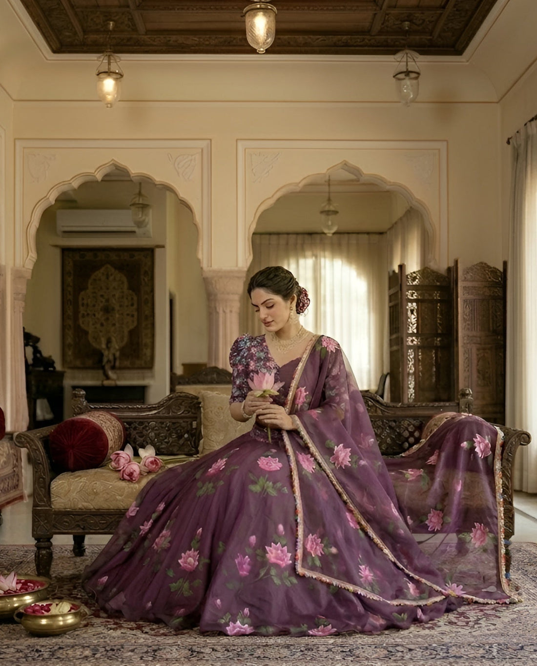 Woman in a purple embroidered traditional outfit standing in an ornate room.
