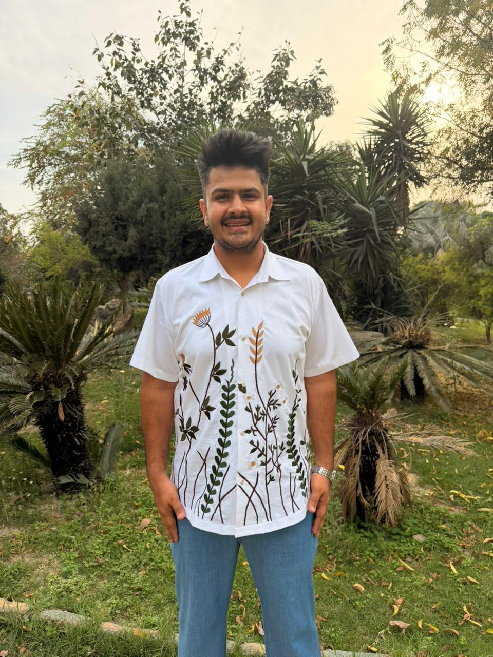 Men’s White Botanical Embroidered Shirt