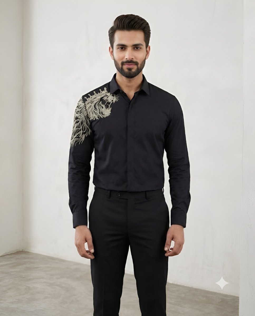 Lion Crest Black Embroidered Shirt