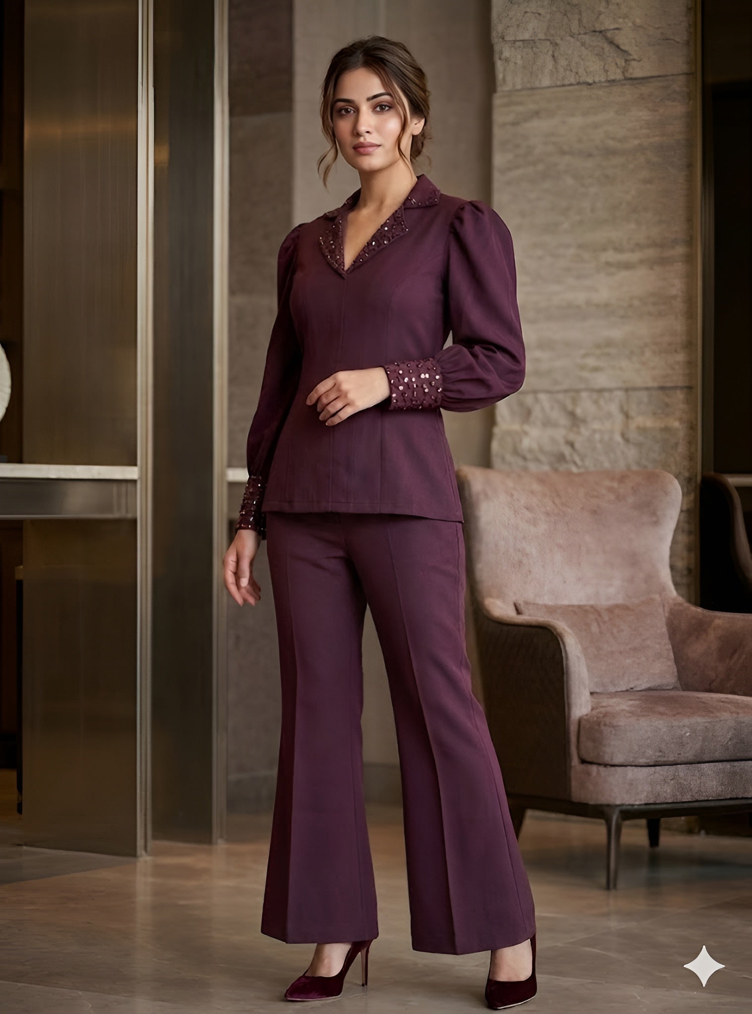 Wine Embroidered Formal Co-Ord