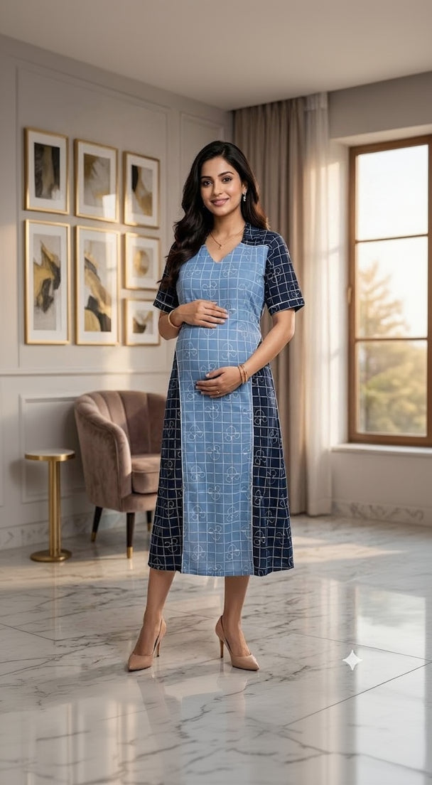 Woman in a blue checkered dress standing in a room with decor elements.