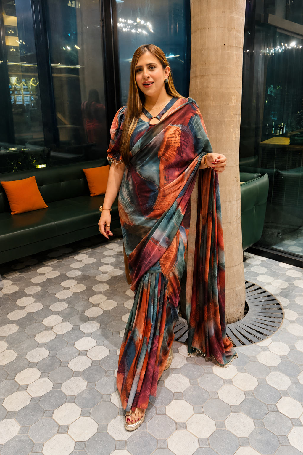 Multicolor Abstract Pre-Draped Frill Saree