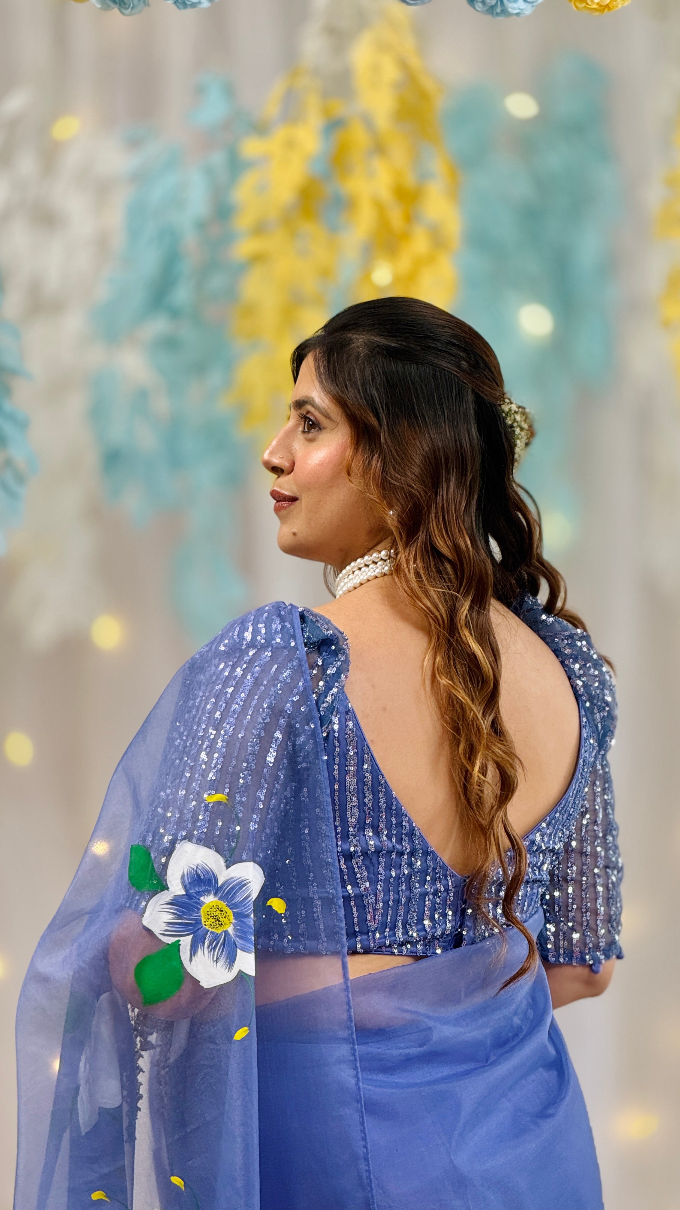 Blue Pea Handpainted Saree with Sequins Blouse