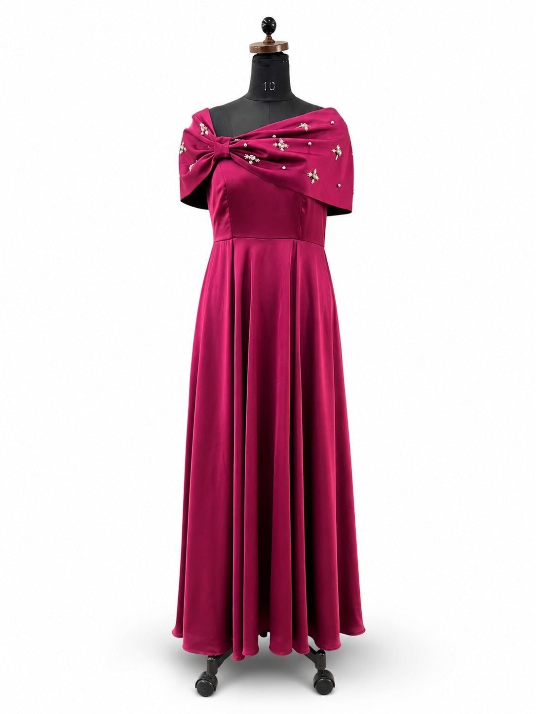 Pearl-Embellished Bow Satin Gown