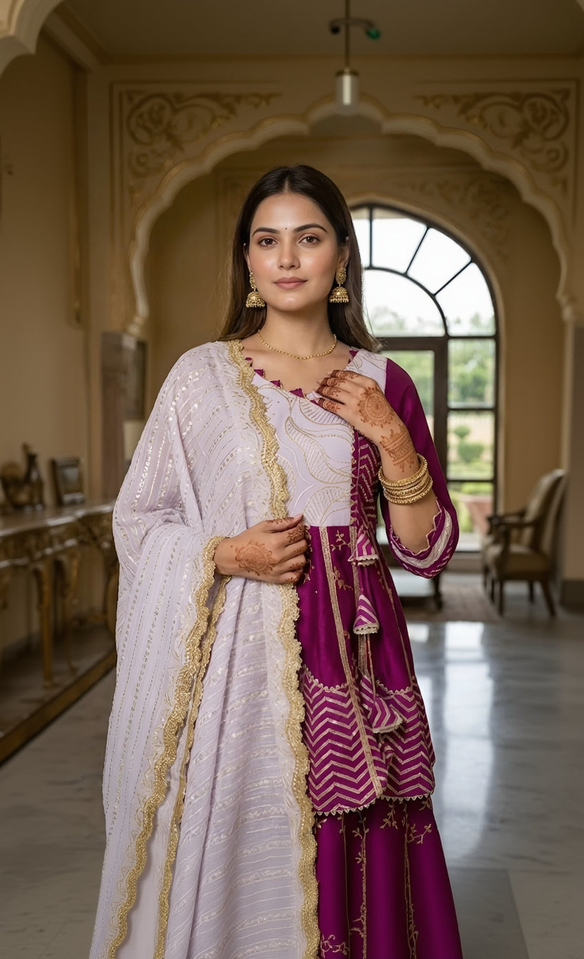 Woman in a traditional outfit with a white and purple dress in an elegant interior setting.