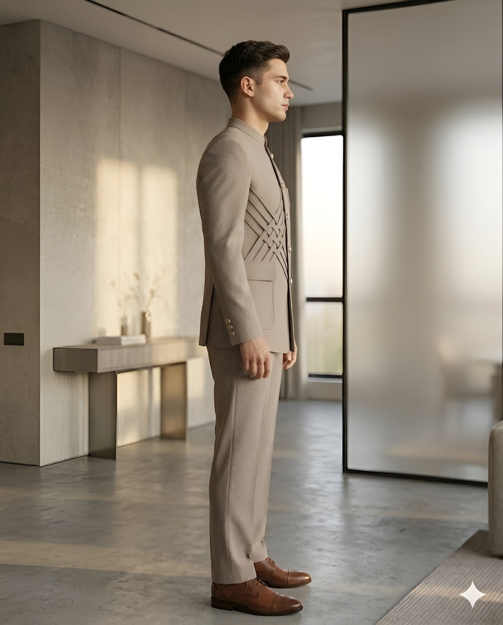 Beige Designer Bandhgala Suit Set
