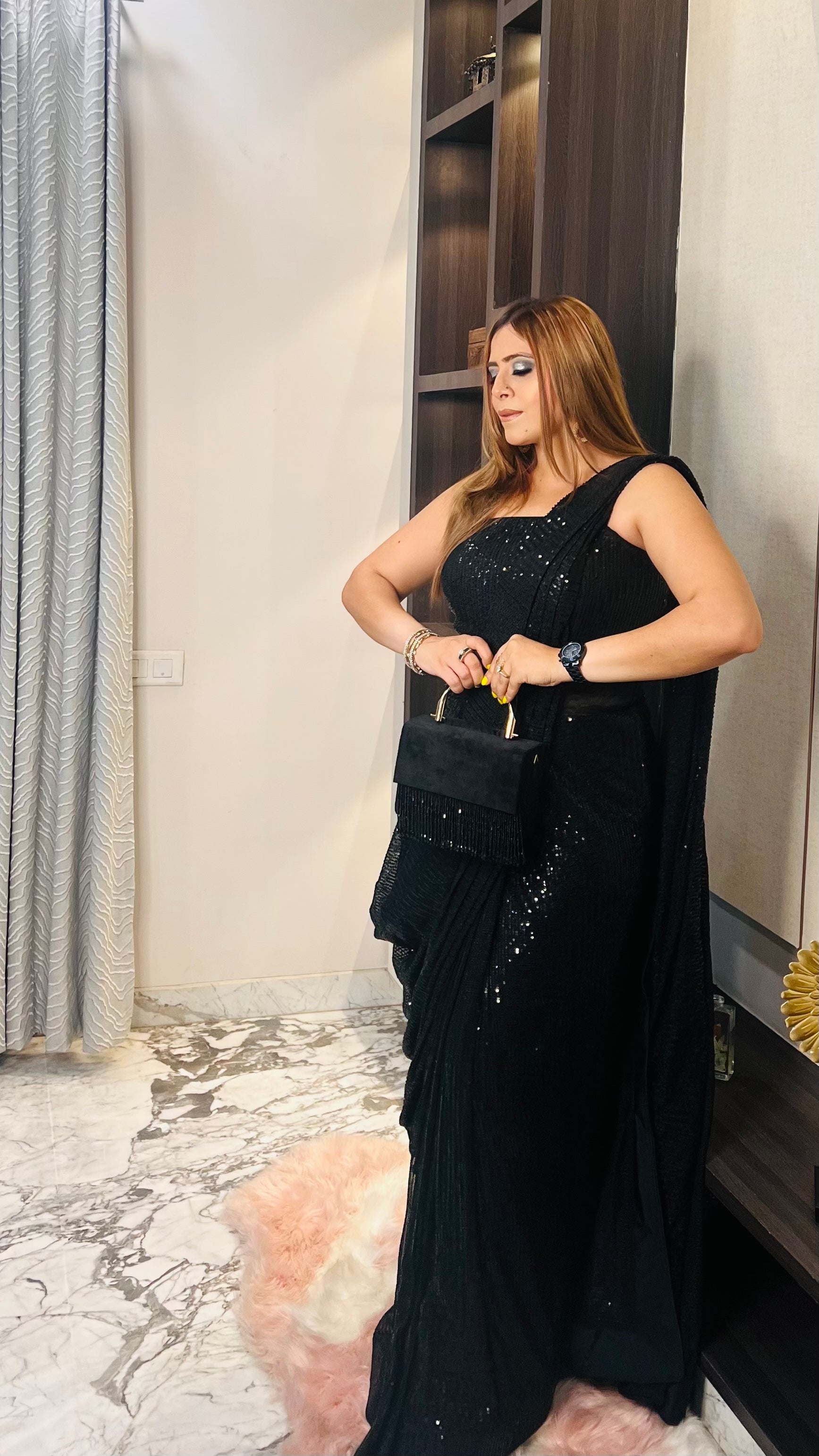 Black Sequin Saree Gown