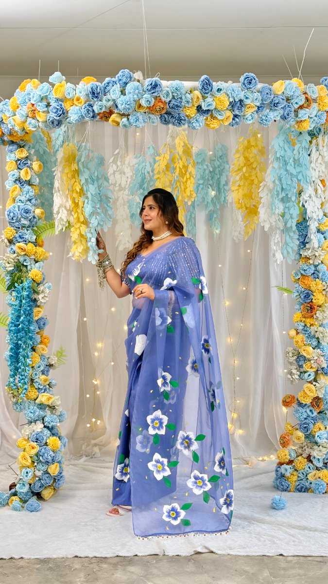 Blue Pea Handpainted Saree
