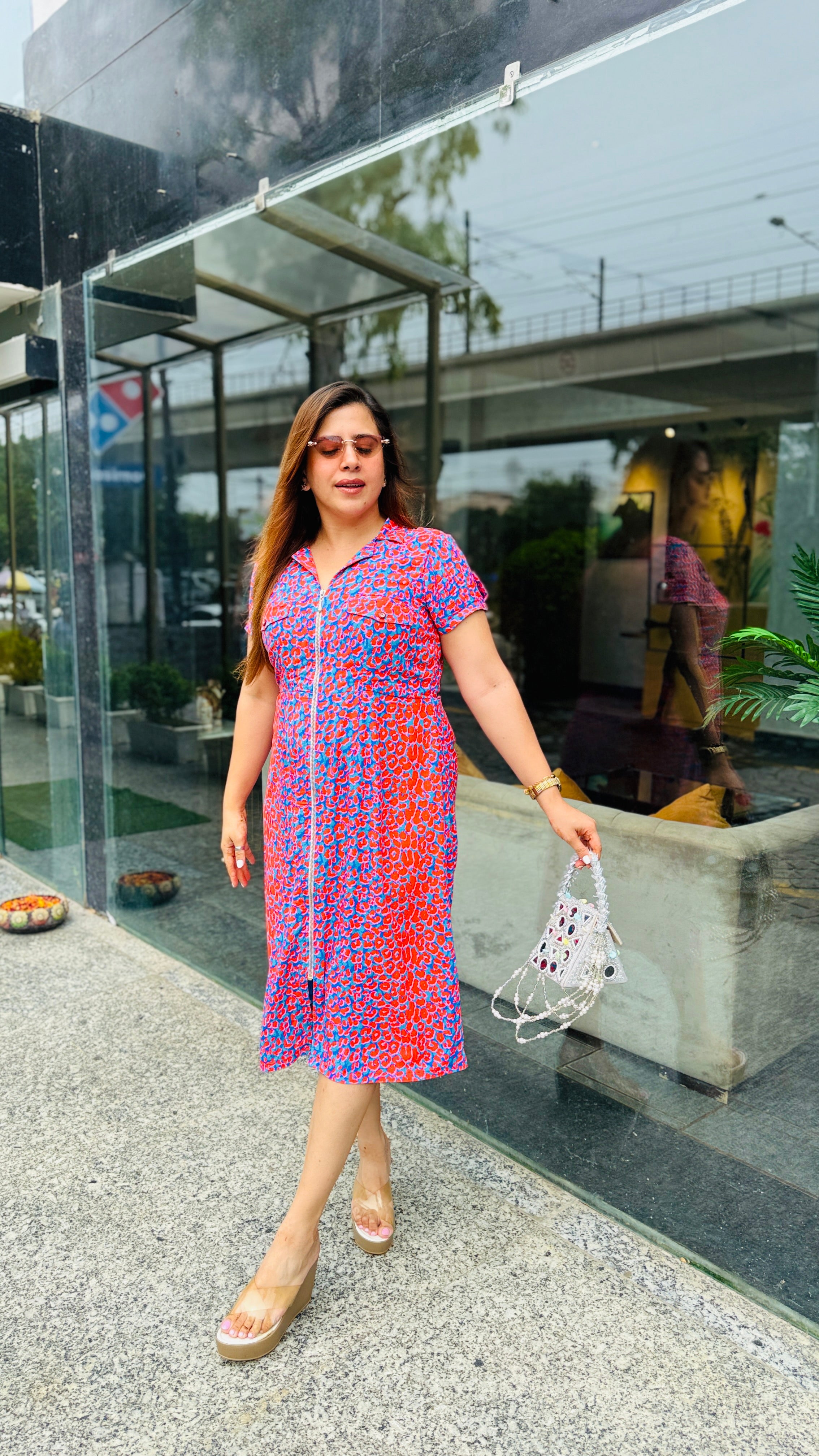 Blue Red Cotton Midi Dress