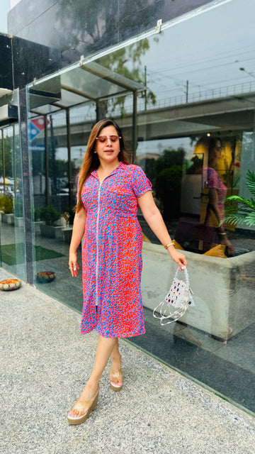 Blue Red Cotton Midi Dress