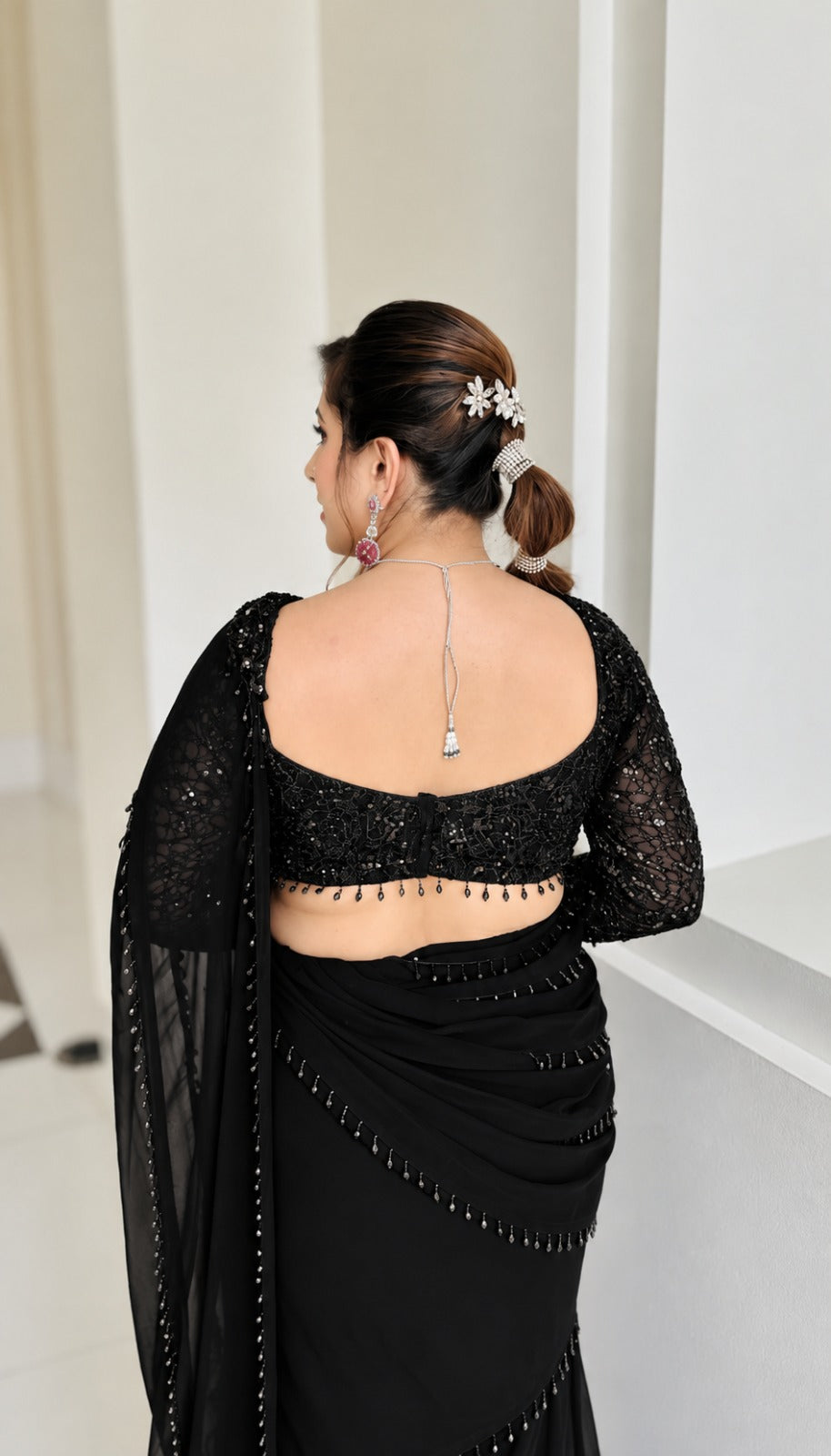 Midnight Cascade Black Saree