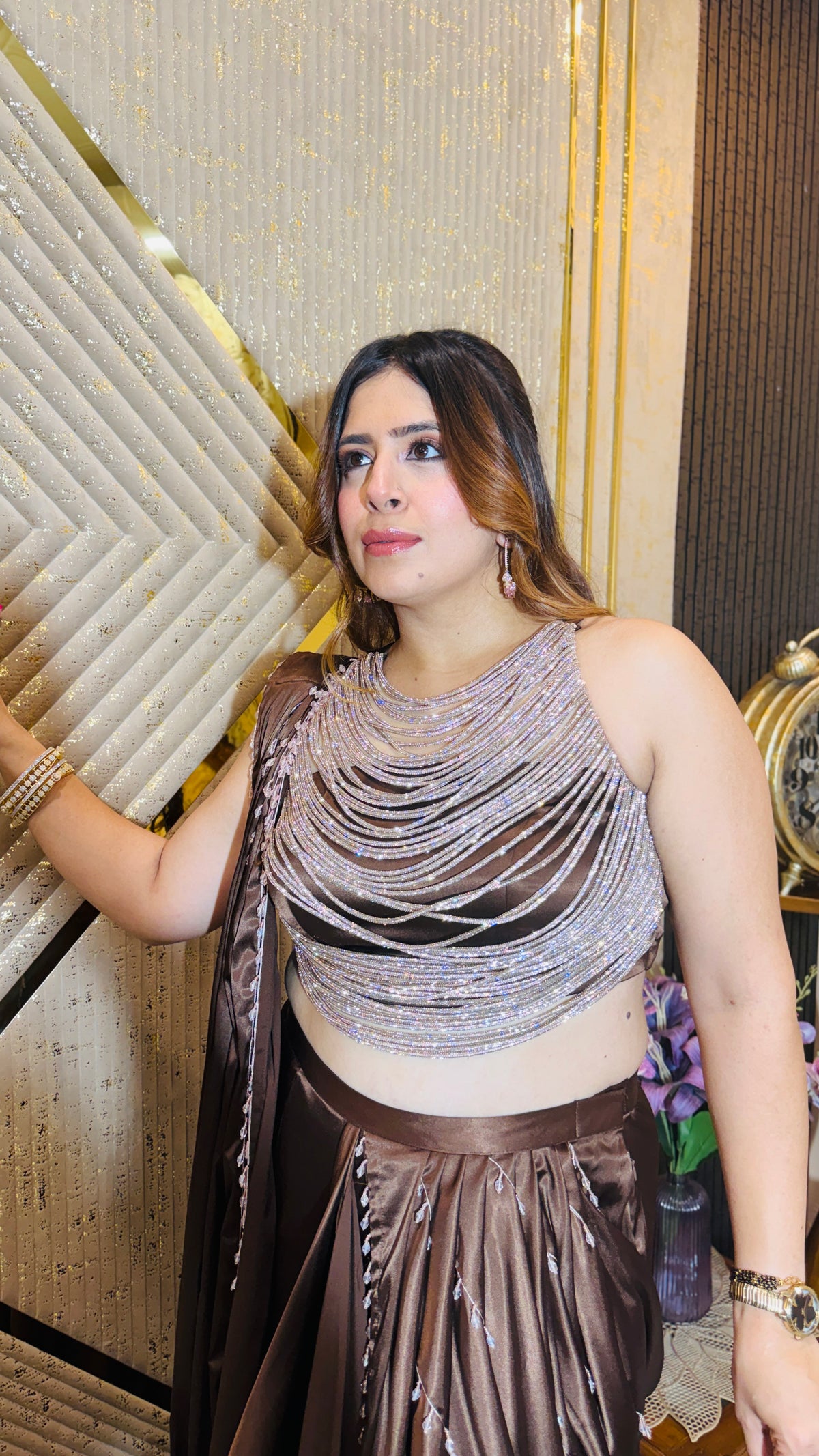 Moonlit Cascade Brown Designer Saree