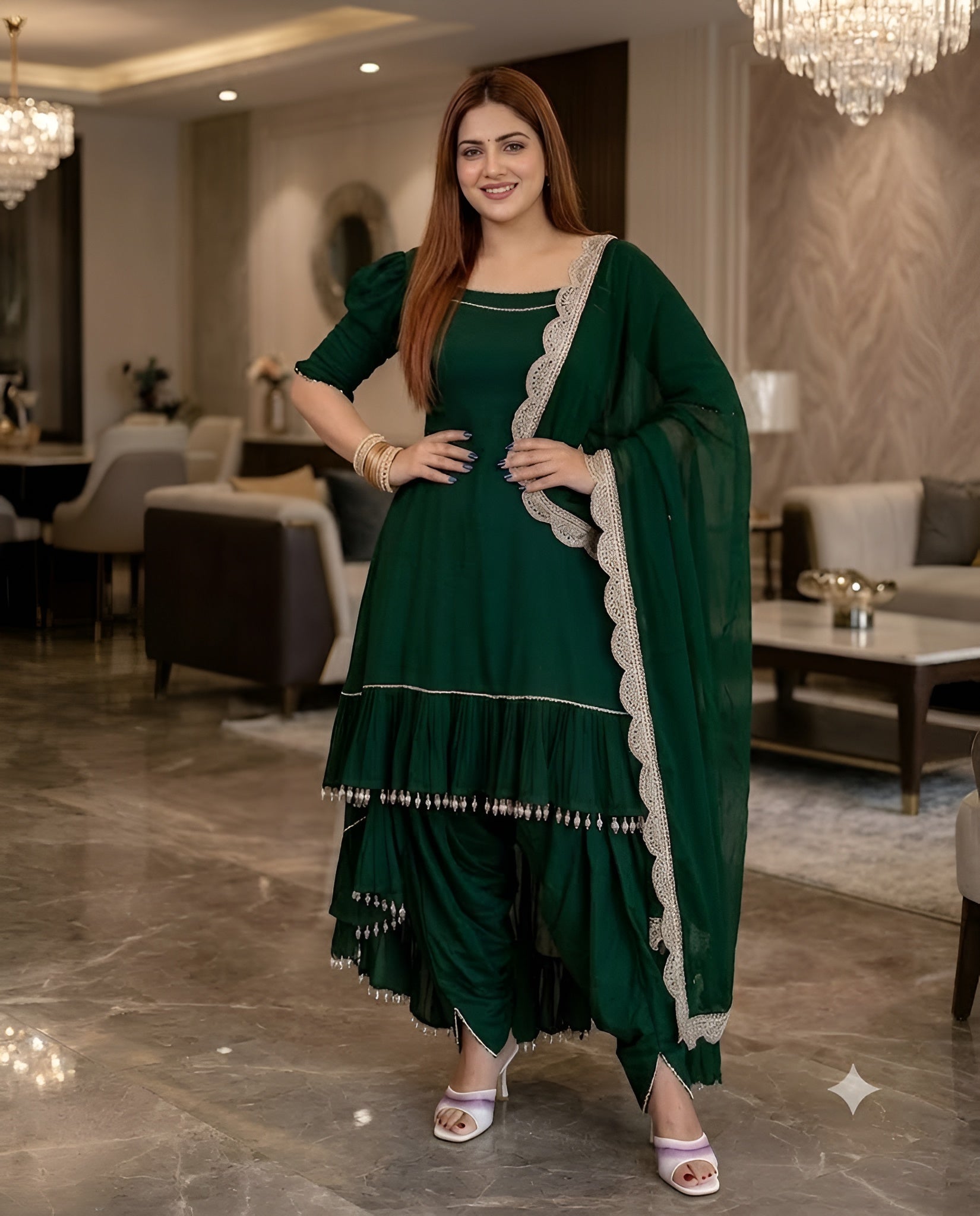 Teal Green One-Shoulder Dhoti Set