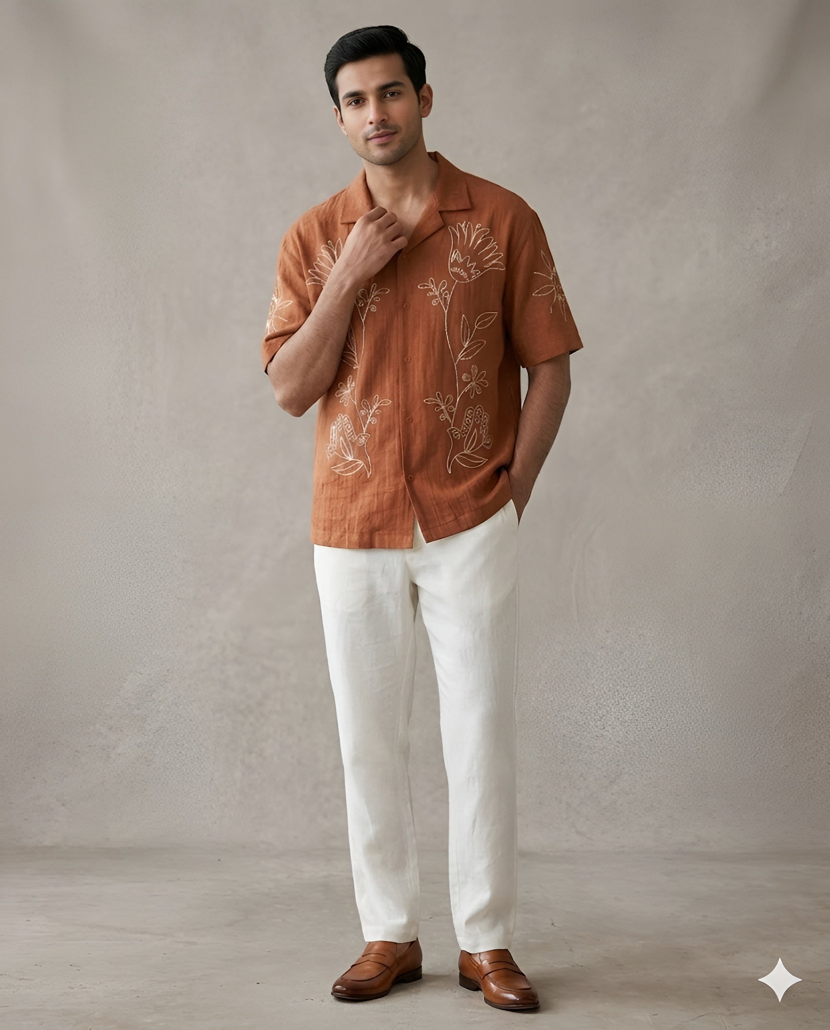Brown Linen Crush Embroidered Shirt