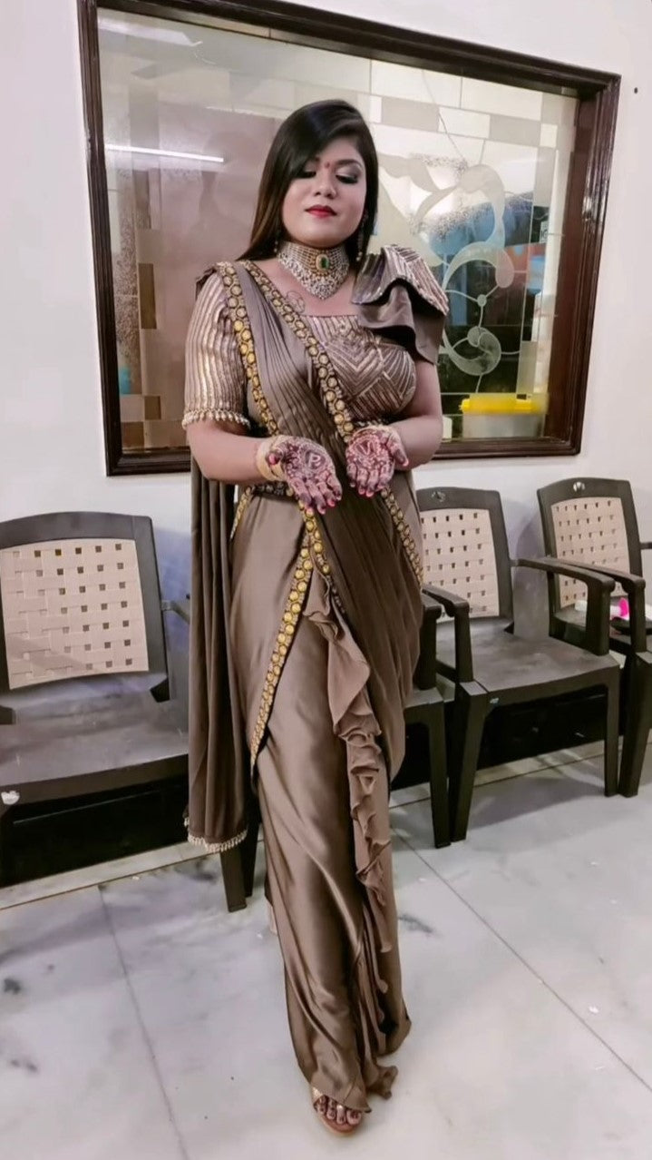 Brown Slit Drape Saree