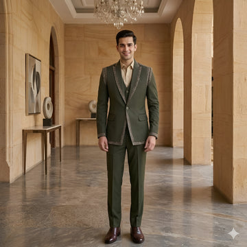 Olive Embellished Shawl Lapel Suit Set