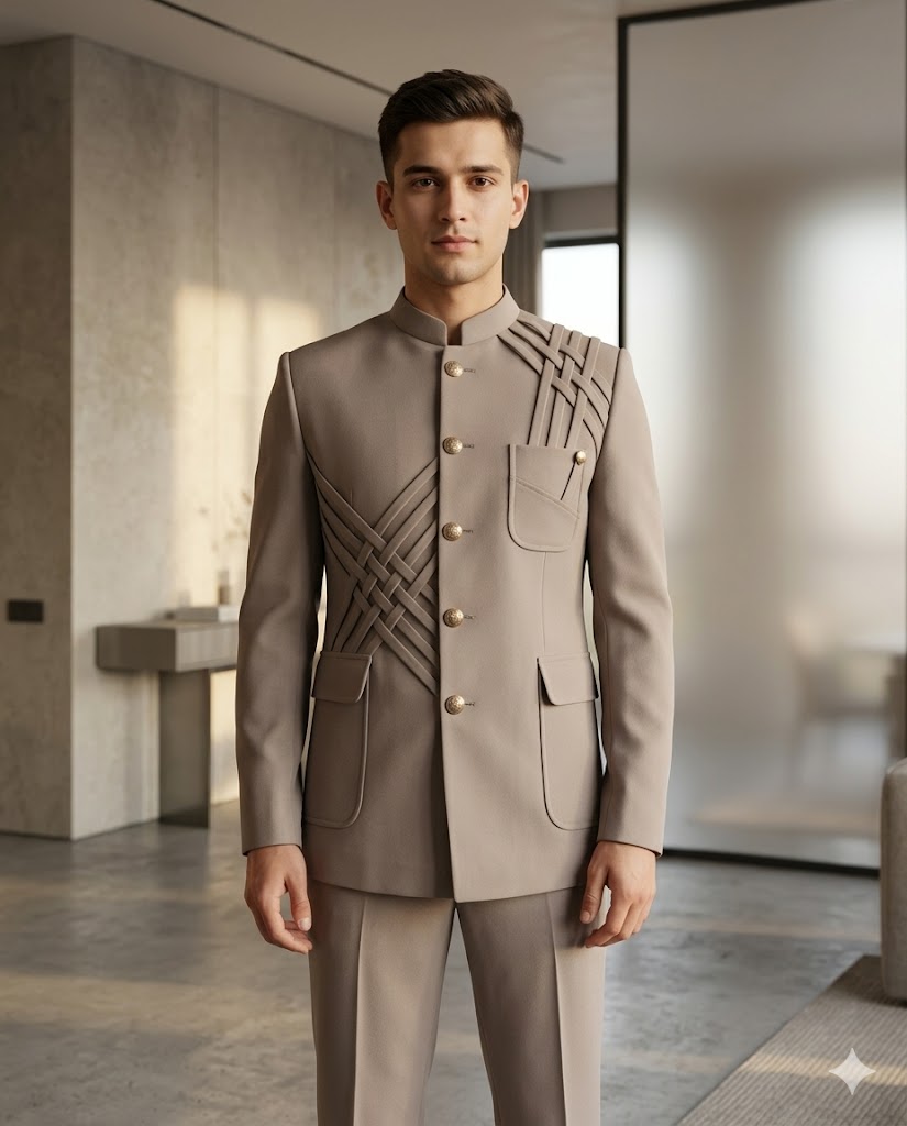 Beige Designer Bandhgala Suit Set