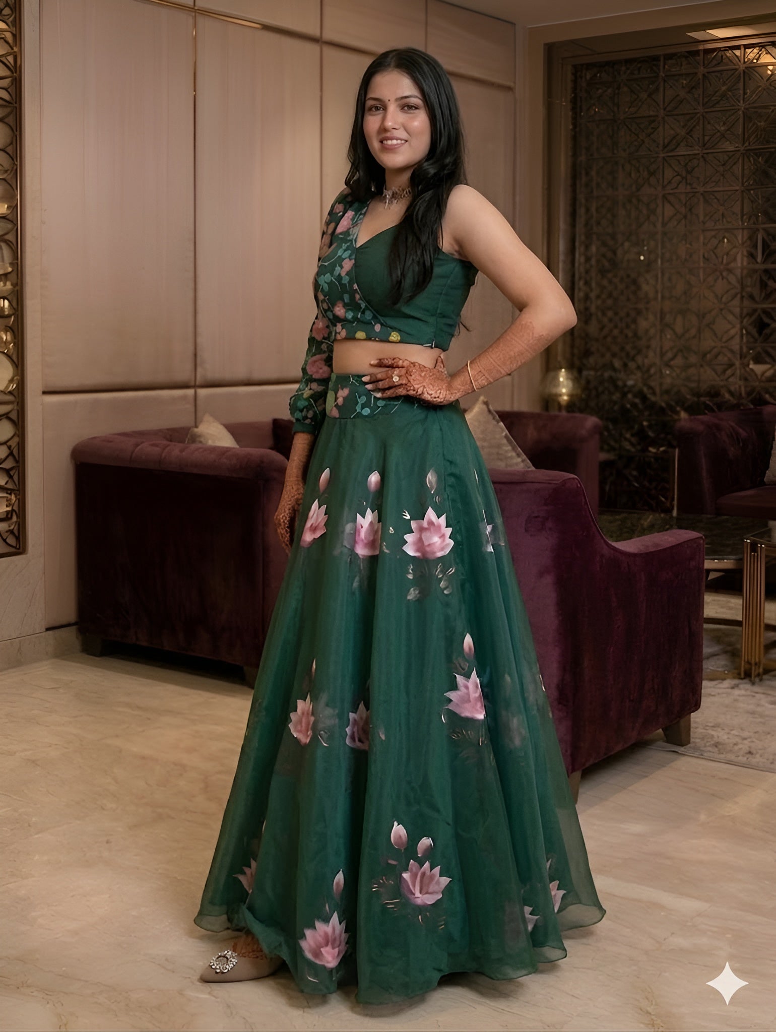 Bottle Green Handpainted Lehenga