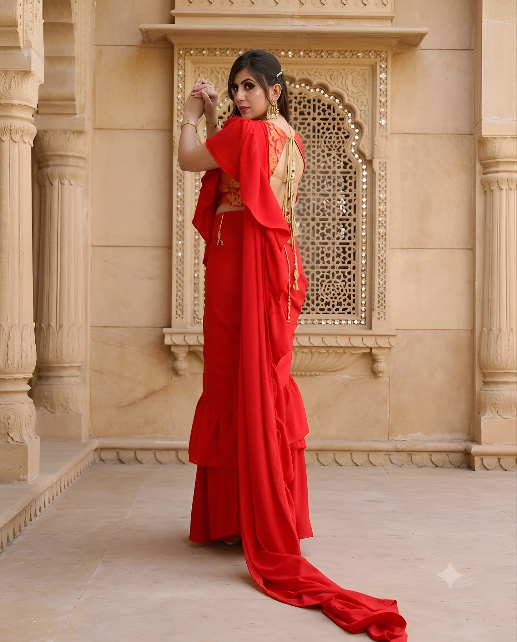 Red Ruffle Saree with Banarsi Blouse