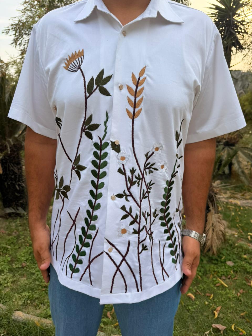 Men’s White Botanical Embroidered Shirt
