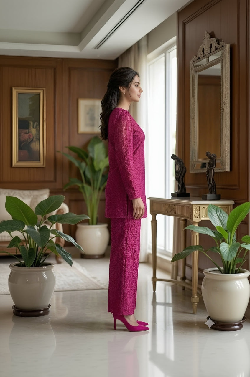 Woman in a pink outfit standing in a room with wooden walls, plants, and a mirror.
