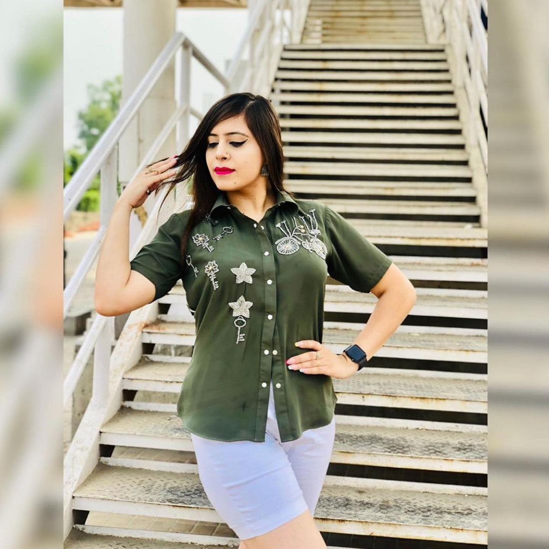 Olive Embroidered Georgette Top