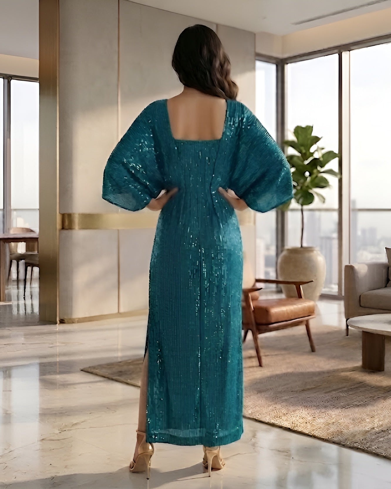 Woman in a teal dress standing in a modern living room with large windows.