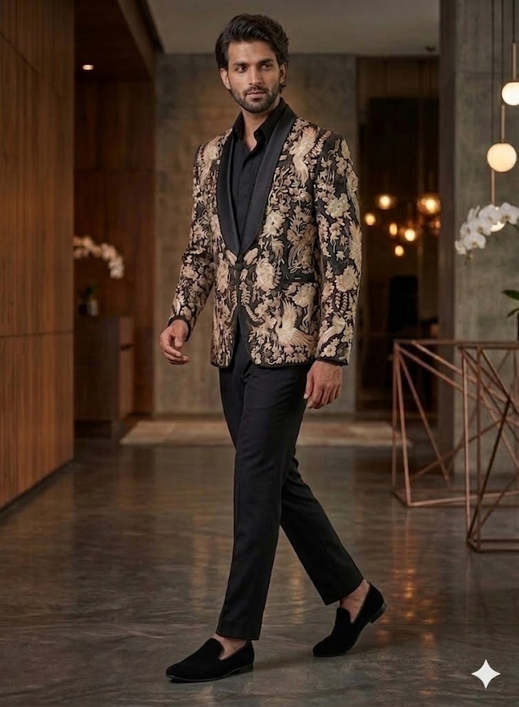 Black Gold Embroidered Shawl Lapel Suit