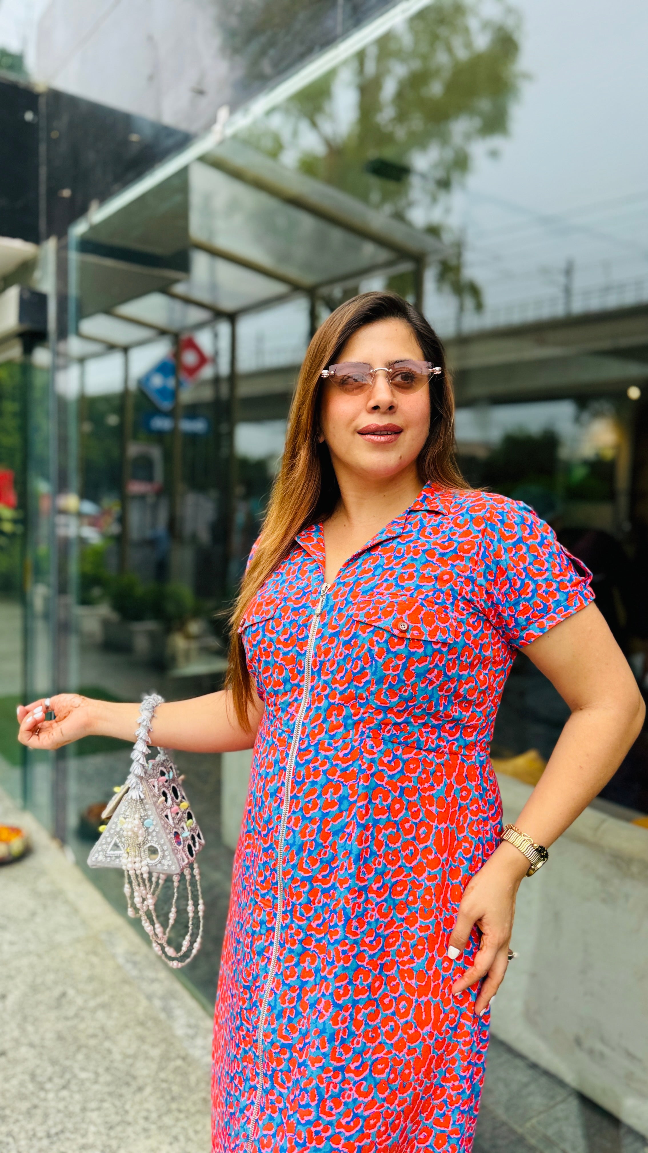 Blue Red Cotton Midi Dress