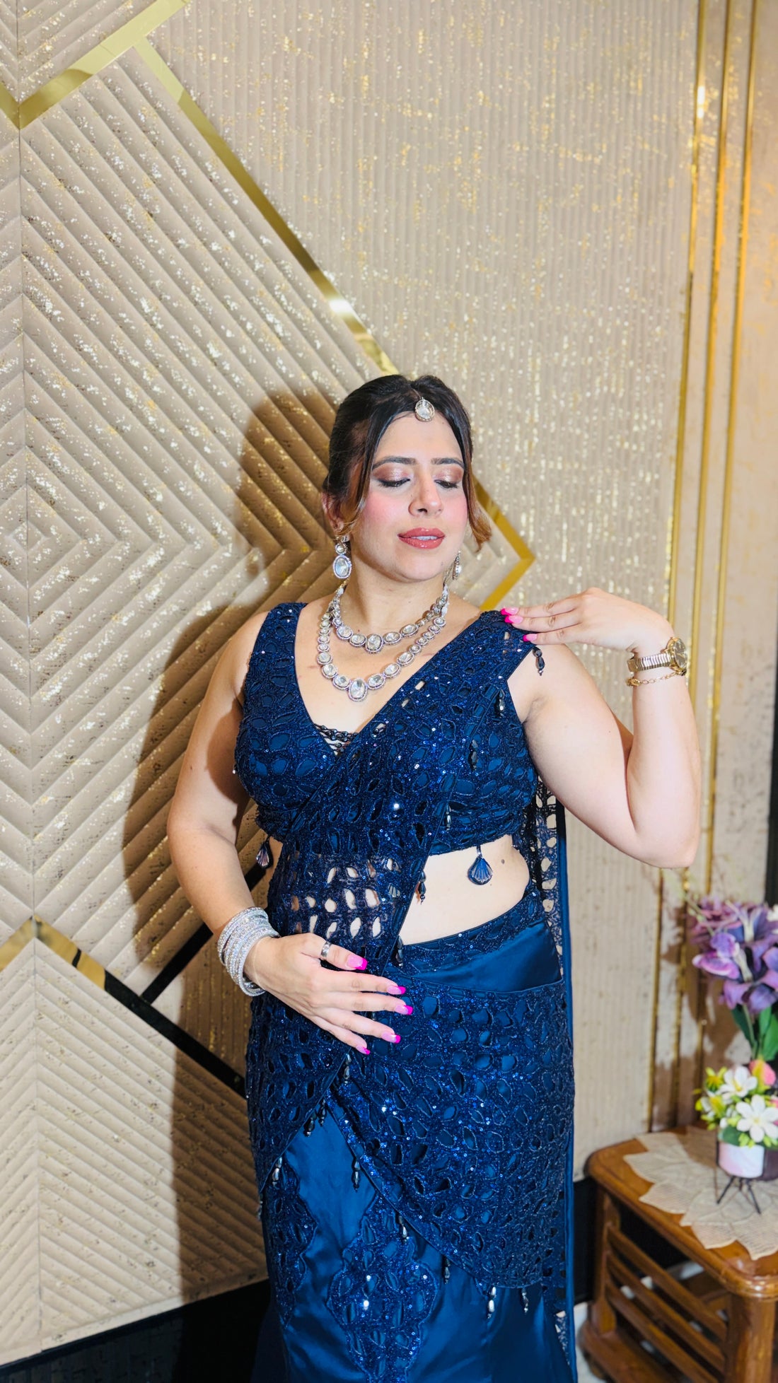 Midnight Cascade Navy Blue Saree