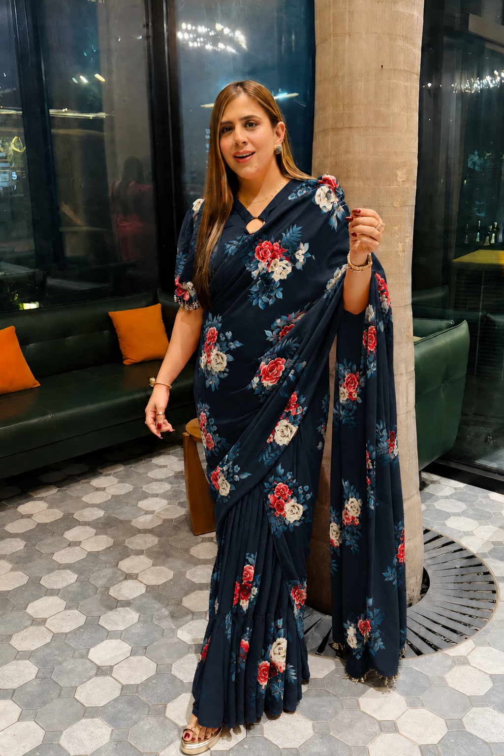 Green Floral Pre-Draped Frill Saree