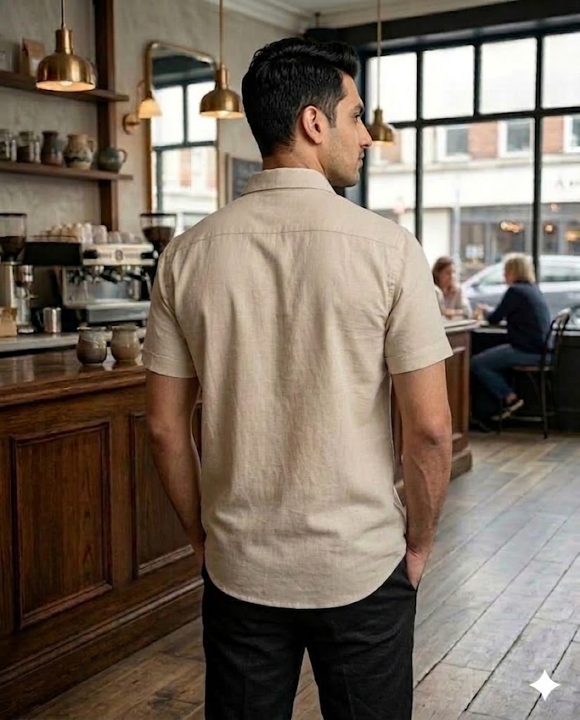 Man standing in a cafe looking out the window