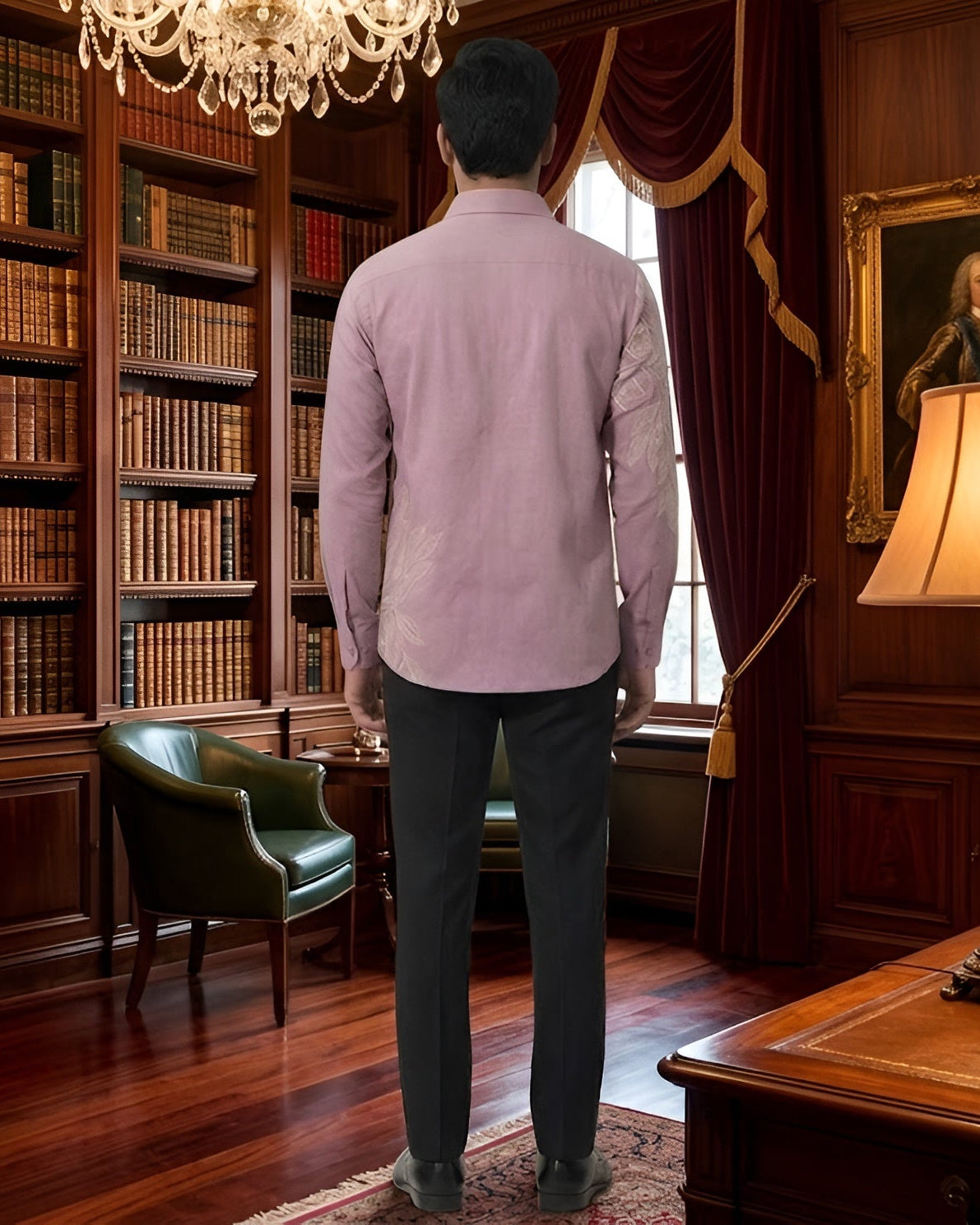 Man standing in a library with bookshelves, a lamp, and a portrait on the wall.