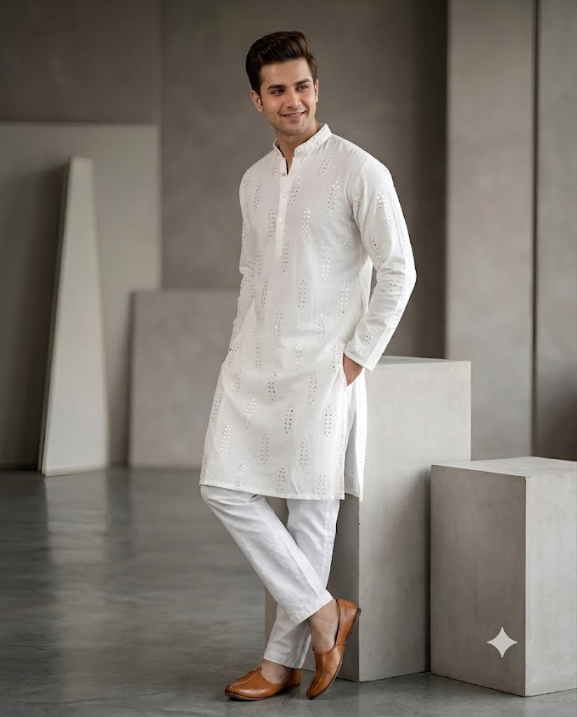 White Mirror Work Cotton Silk Kurta with Pants