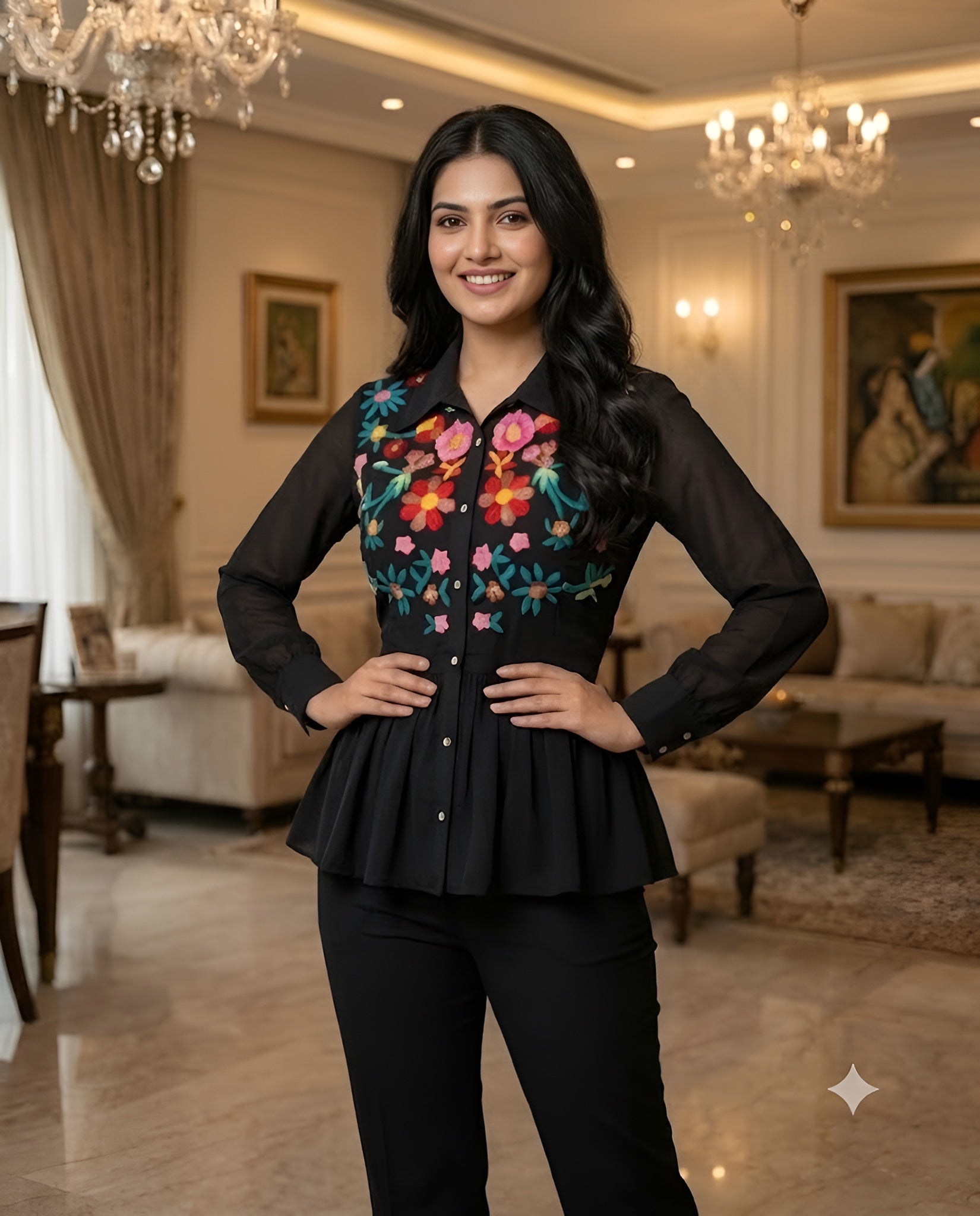 Black Floral Embroidered Shirt