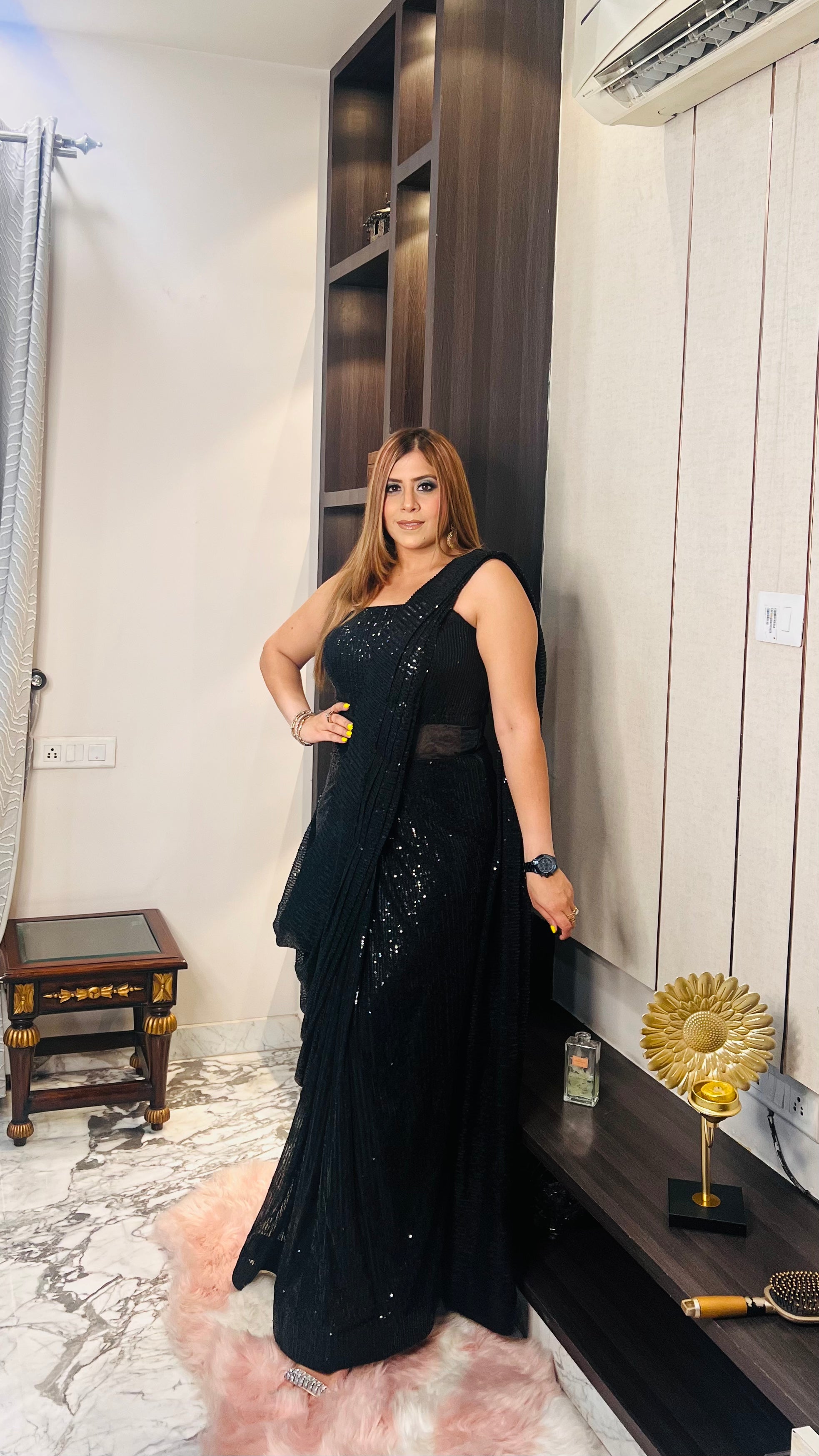 Black Sequin Saree Gown