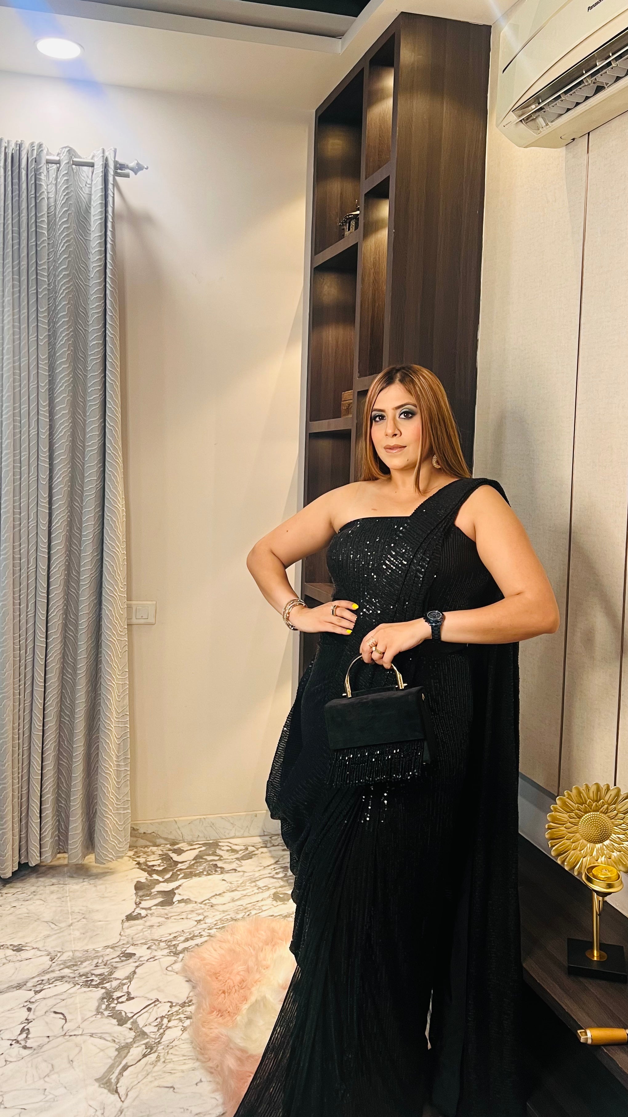 Black Sequin Saree Gown