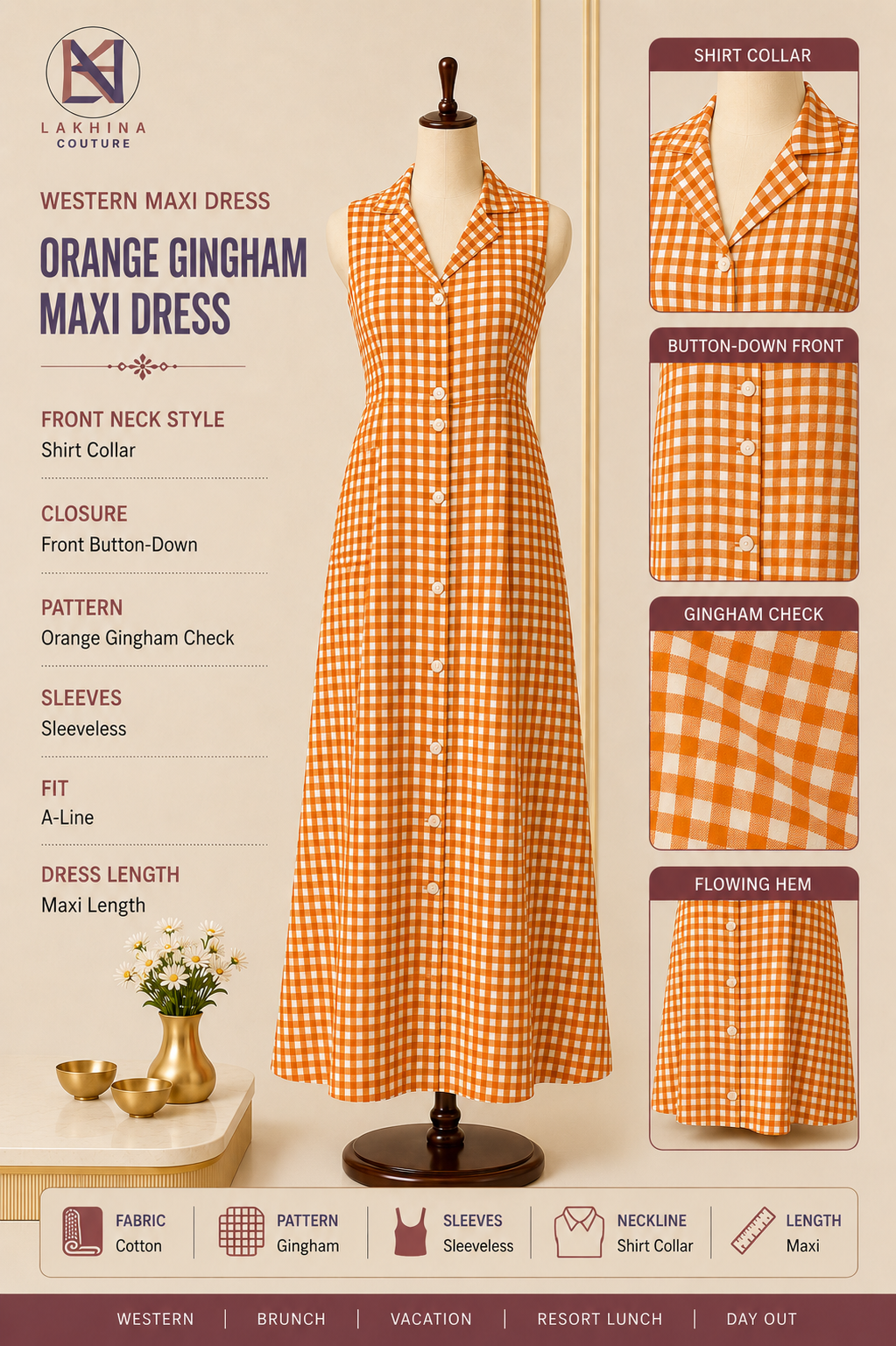 Sunlit Checks Rust Maxi Dress