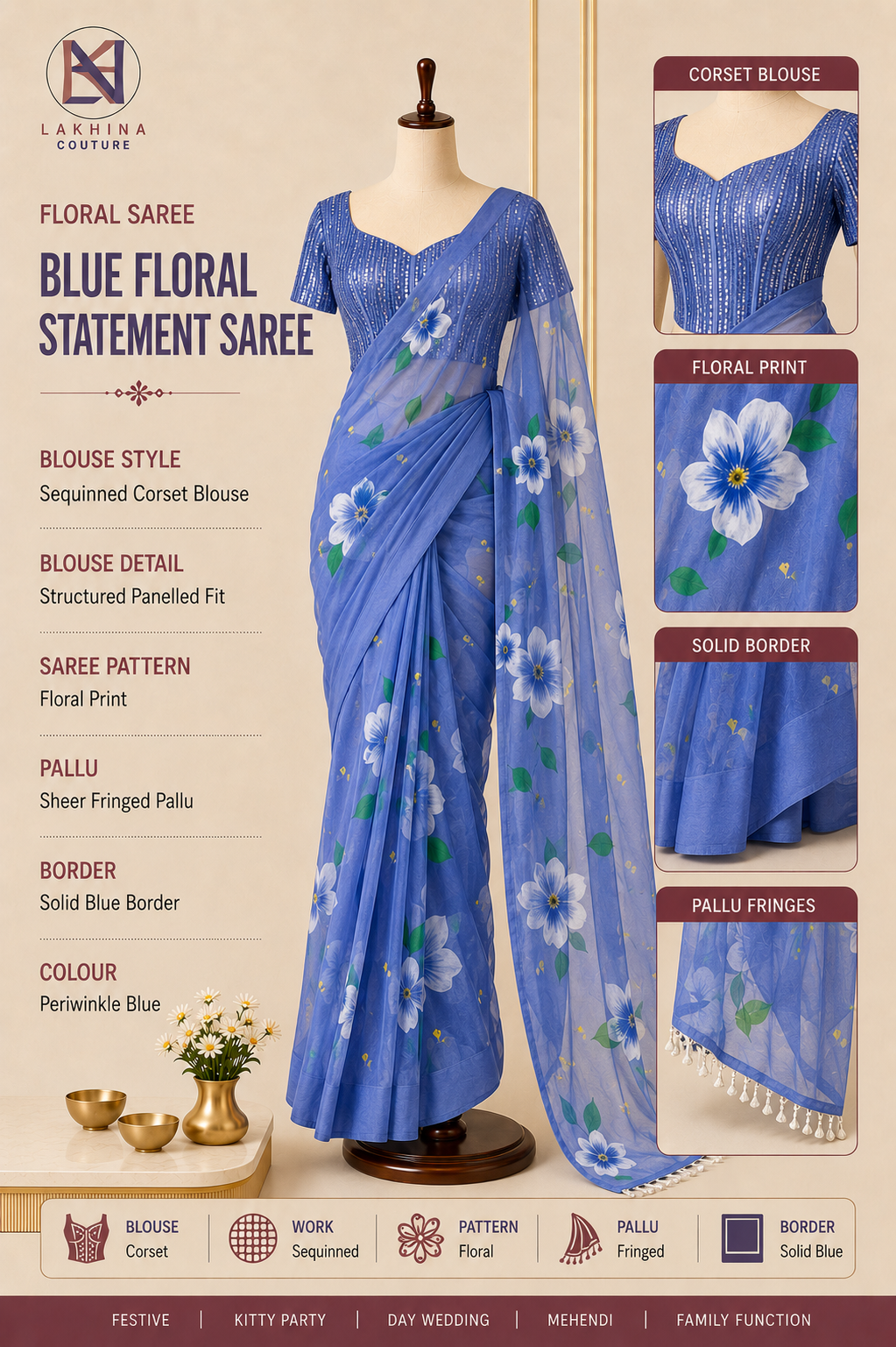 Blue Pea Handpainted Saree with Sequins Blouse