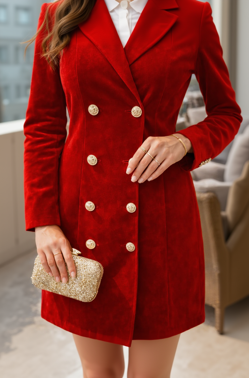 Red Velvet Coat Dress | Lakhina Couture - Look 2